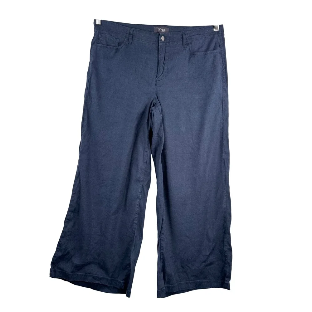 NYDJ Wide Leg Pants sz 8 Navy inen Blend Cropped Trousers‎ minimalist